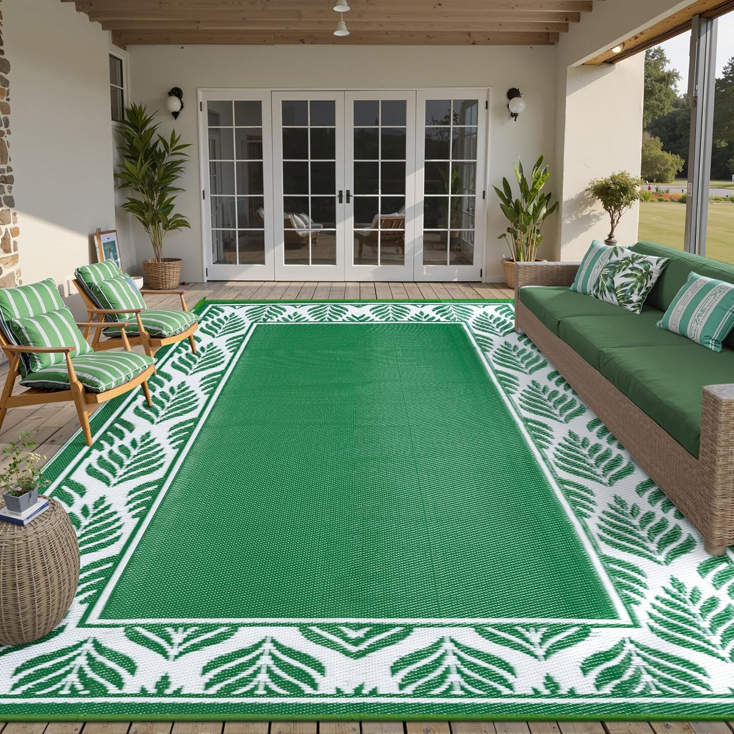 Outdoor Plastic Rug 6'x9' Waterproof Camping Carpet Outside Area Rug Reversible Green Rugs for RV Deck Entryance Porch Picnic Balcony Beach
