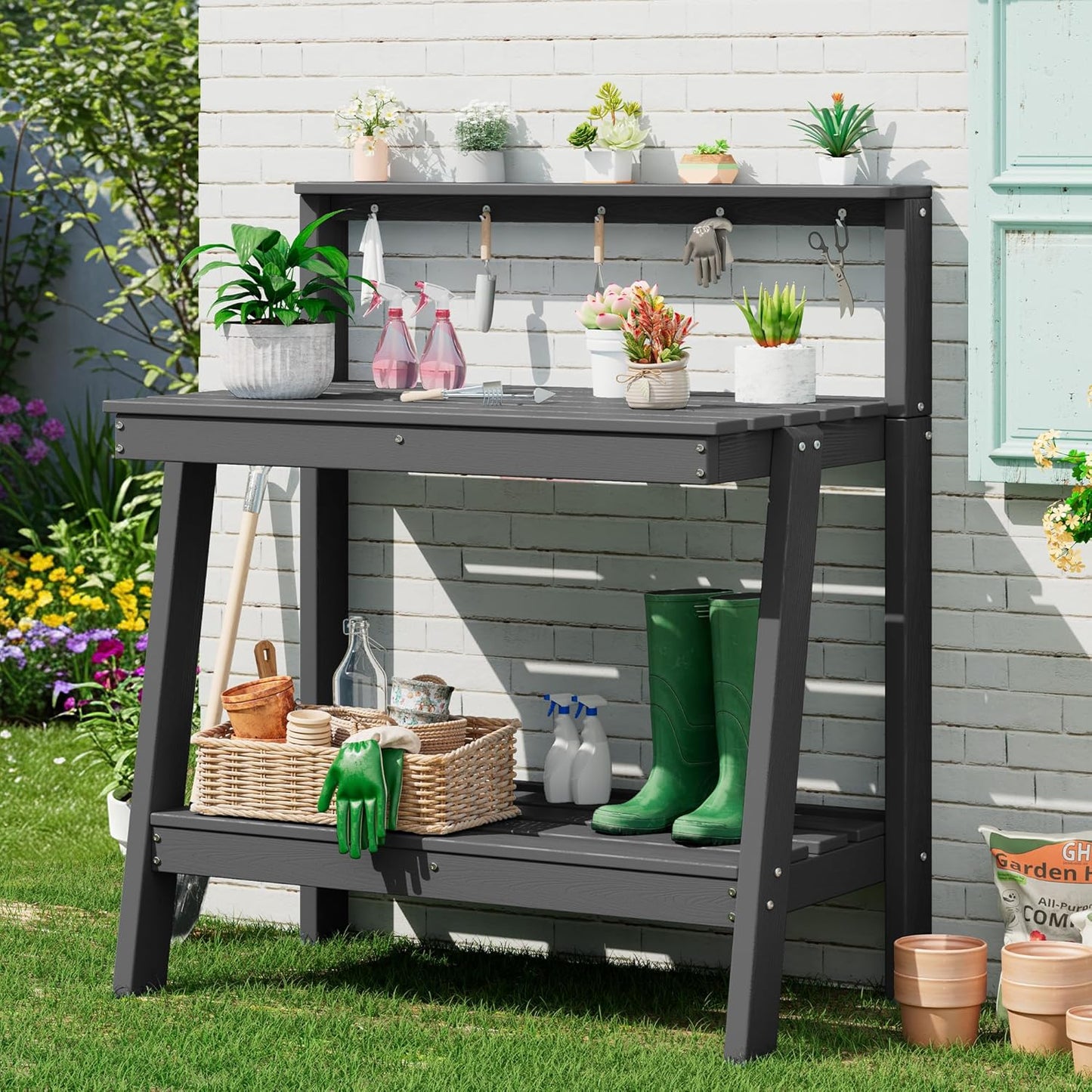 SERWALL Potting Bench Outdoor with Storage, 3-Tier HDPE Gardening Table with Angled Legs & Tool Hooks, All-Weather Heavy Duty Potting Table for Patio, Backyard, Garden, Gray