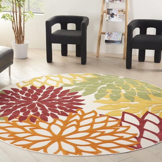 Nourison Home Aloha 94" Round Fabric Indoor/Outdoor Rug in Red Multi-Color