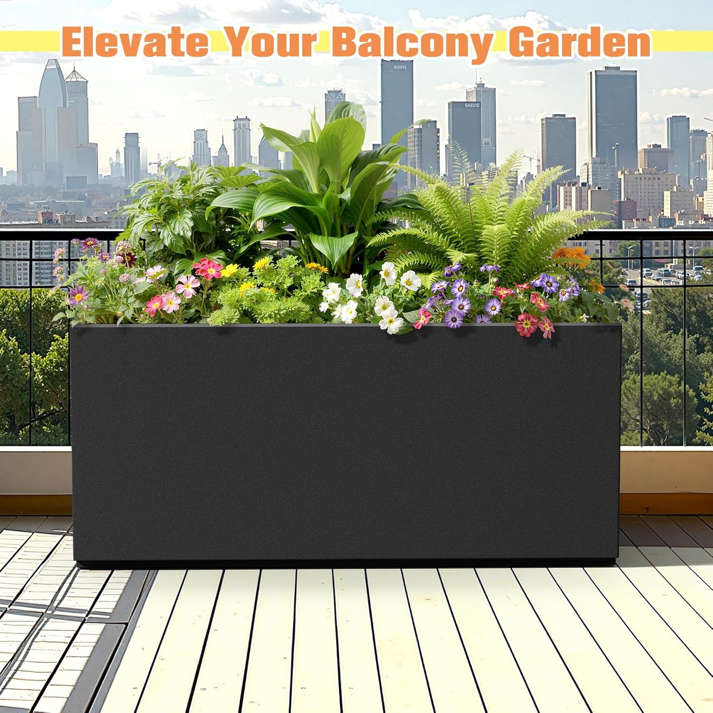 Rectangle Planter for Indoor & Outdoor, Tall and Long Planter Boxes with Drainage Holes, Mental Planter Box All-Weather Use for Plants, Flowers, 38" L x 15" W x 16.3" H, Black