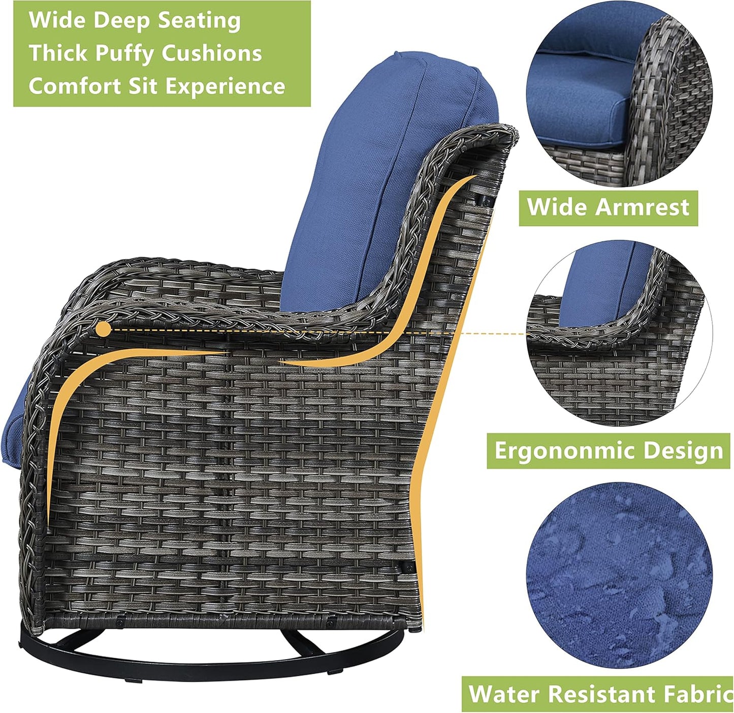 Outdoor Patio Swivel Rocker Chairs - Single Wicker Rattan Patio Swivel Rocking Chair with High Back,Deep Seating and Comfort Cushions for Deck Porch Garden,Mixed Grey/Blue