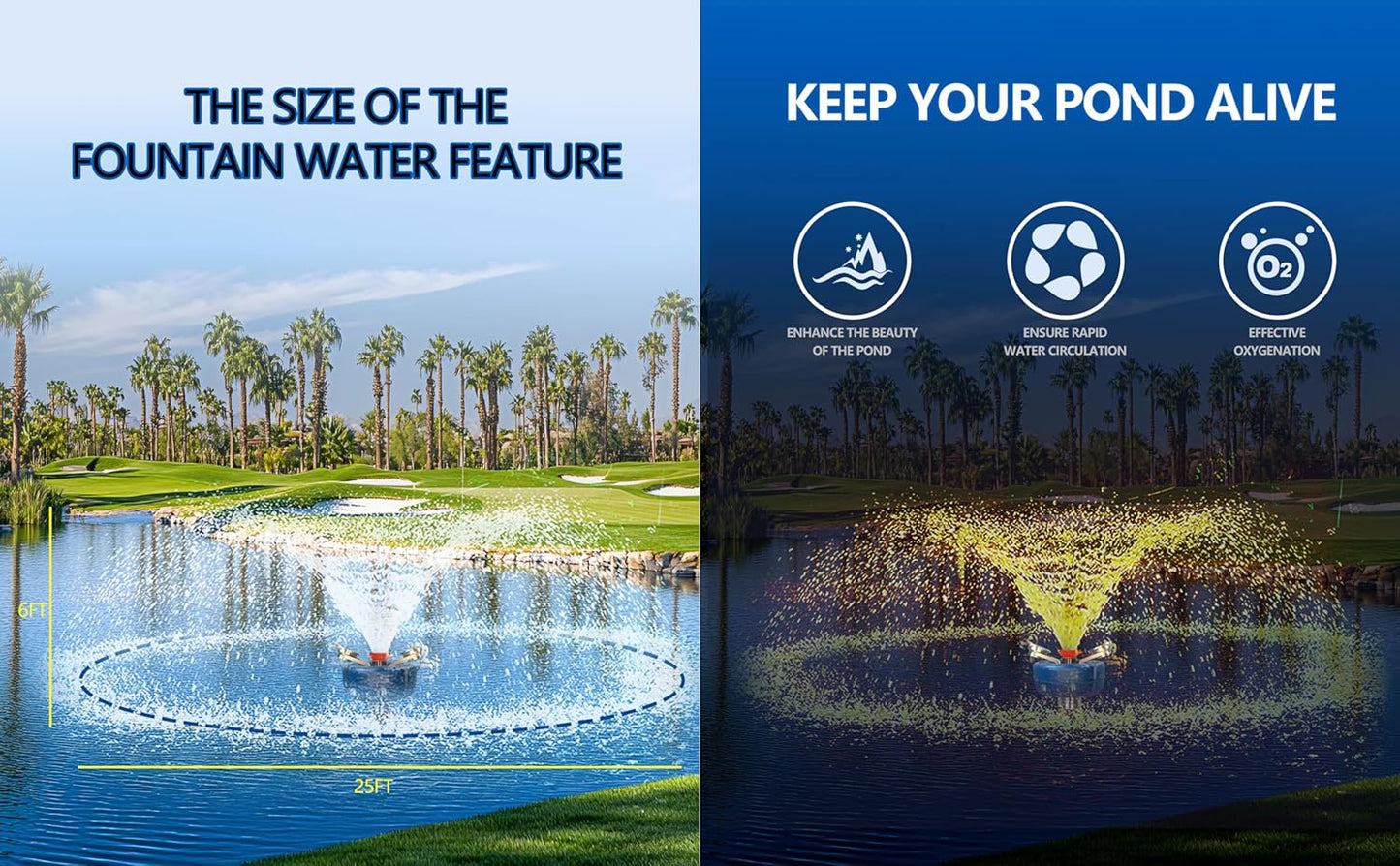 Pond Fountain Aerator, 1HP，Wireless Control RGB Rainbow Lights Stainless Steel Body, 100FT Cord, Multifunctional time Controller，200Ft Traction Rope, Aerator Pump for Ponds & Lakes (RGB)