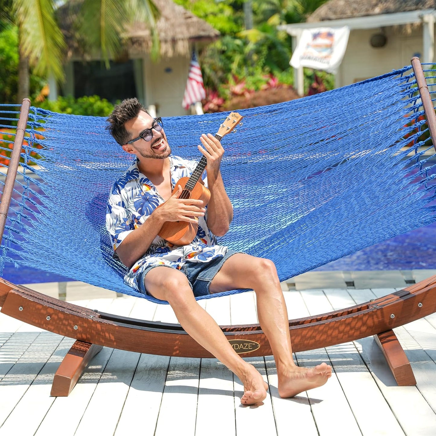 Lazy Daze Hammocks 10.5 FT Double 2 Person Caribbean Rope Hammock, Hand Woven Polyester Hammock with Spreader Bars, for Outside Outdoor Backyard Patio Poolside,450 LBS Capacity, Blue