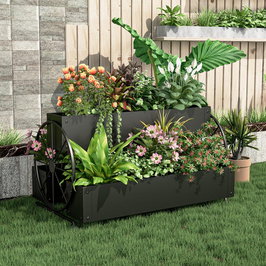 Metal Wagon Planter Box, 3-Tier Garden Planter with Wagon Wheels, Decorative Outdoor Planters for Flowers Herbs Vegetables, Flower Cart Small Raised Garden Bed for Patio, Balcony (Black)