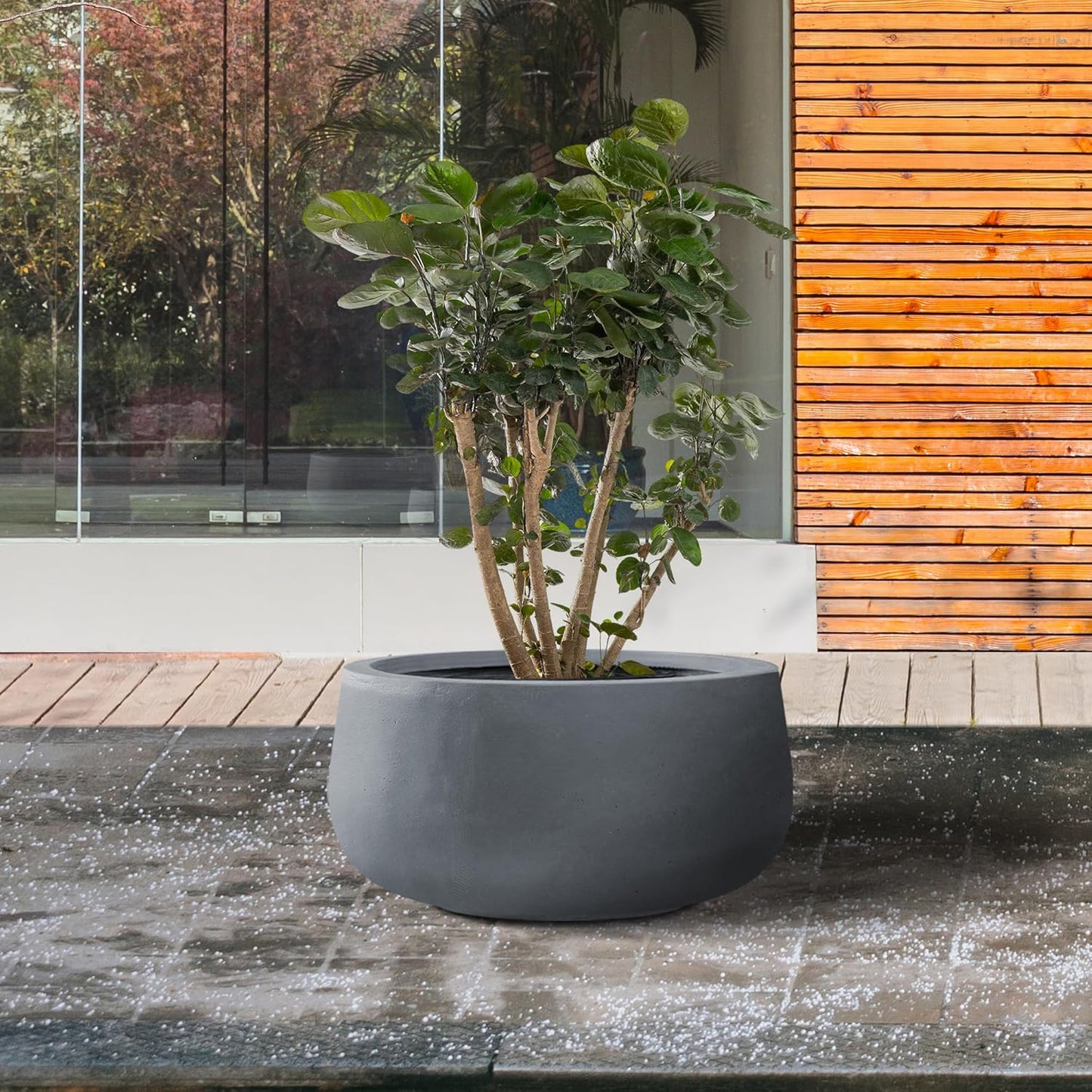 Kante 11.8" Dia Round Concrete Planter, Cement Plant Pots with Drainage Hole and Rubber Plug for Outdoor Indoor Garden Home, Modern Curvaceous Design, Dark Gray