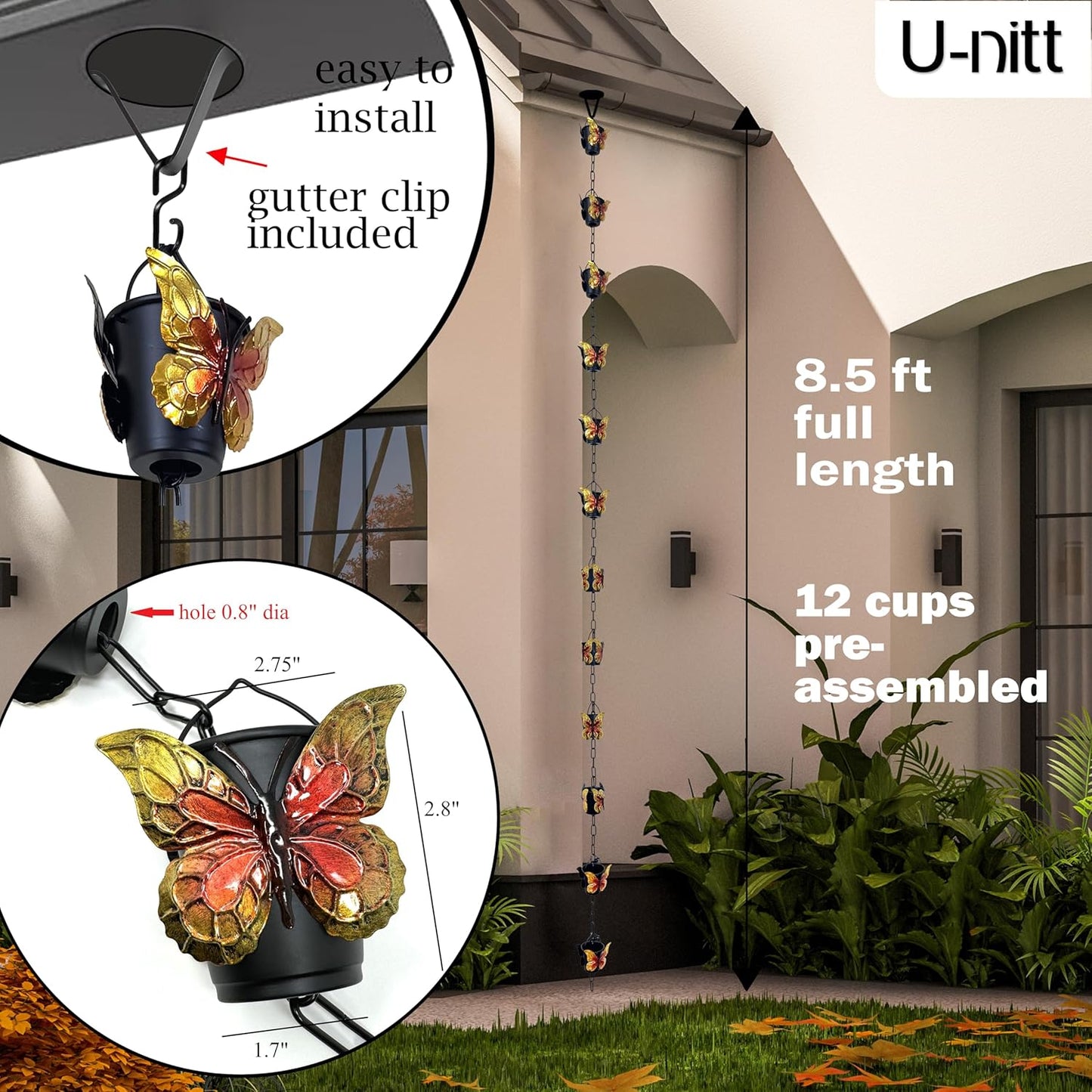 Rain Chain Water Collection for Gutters, Rainwater Catcher & Diverter, 8.5 FT Chains for Outside Garden, Butterfly Bucket Cups, Roof Downspout, Works with Heavy Rain, w/ Gutter Clip for Rainchains