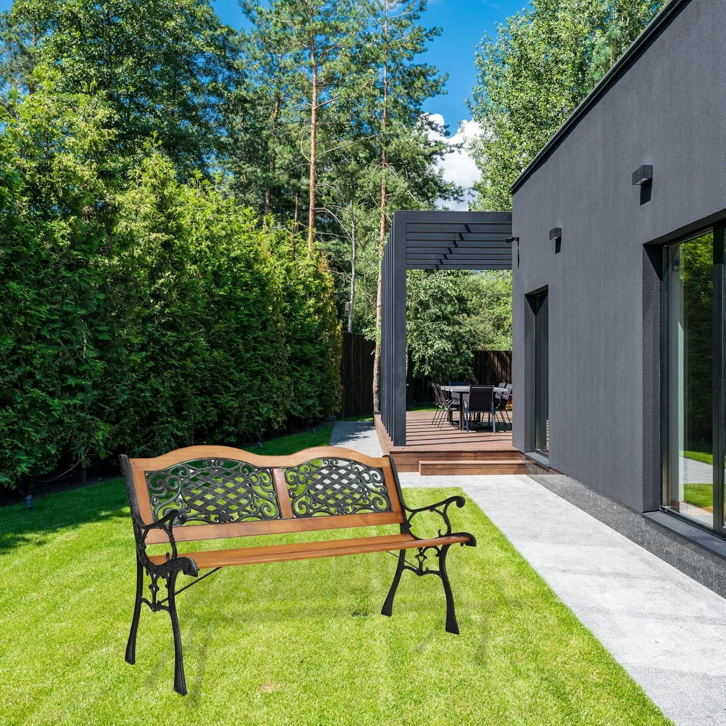 Outvita 49.5in Garden Bench, Patio Wood Love Seat with Metal Armrest Retro Style for Patio Porch Deck Yard Lawn Poolside(Classical)