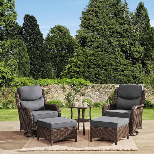 HILLGA Luxury Outdoor Swivel Rocker Patio Chairs of 2 with 6 Inch Thick Cushions and Side Table, Swivel Outdoor Chairs 5PCS High Back Wicker Patio Furniture Set for Porch, Balcony, Deck in Dark Grey