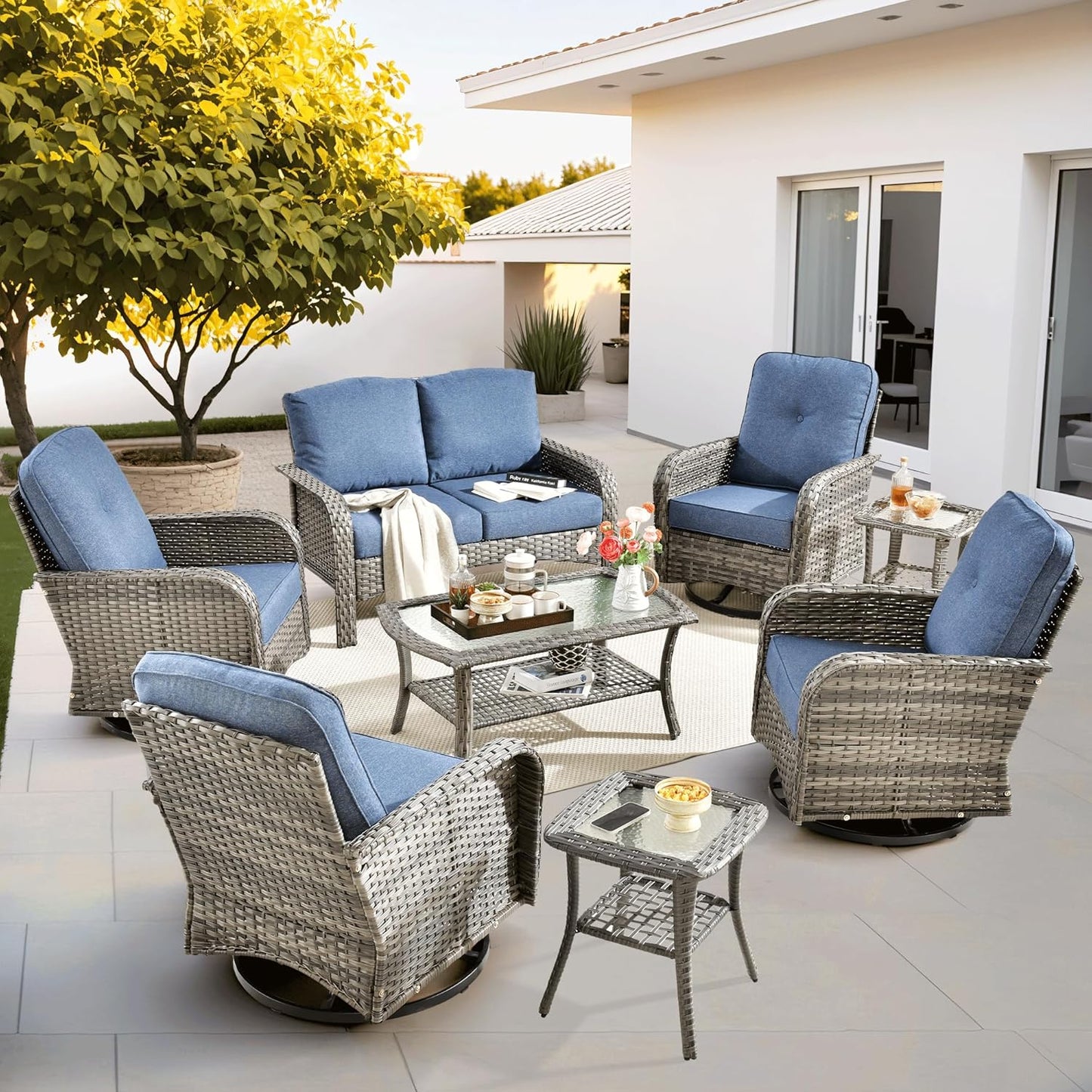 ovios 8 Pieces Patio Furniture Set, Outdoor Wicker Sofa with Swivel Chairs, Coffee Table, All Weather High Back Rattan Loveseat Couch with Comfy Cushions, Denim Blue