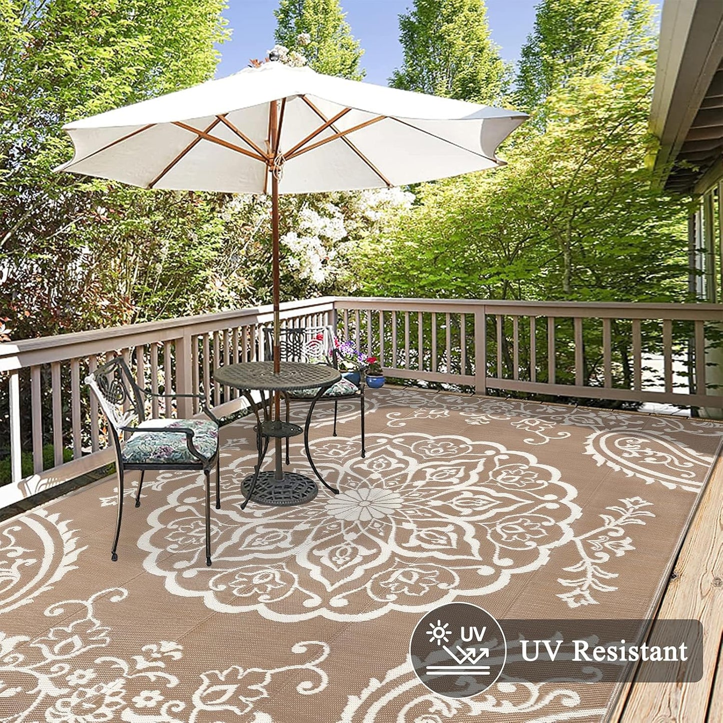 Pauwer Waterproof Outdoor Rug 10x14, Reversible Plastic Straw Patio Camping Rug, Indoor Outdoor RV Mat Carpet for Deck, Camper, Porch, Balcony, Backyard, Picnic, Boho Brown