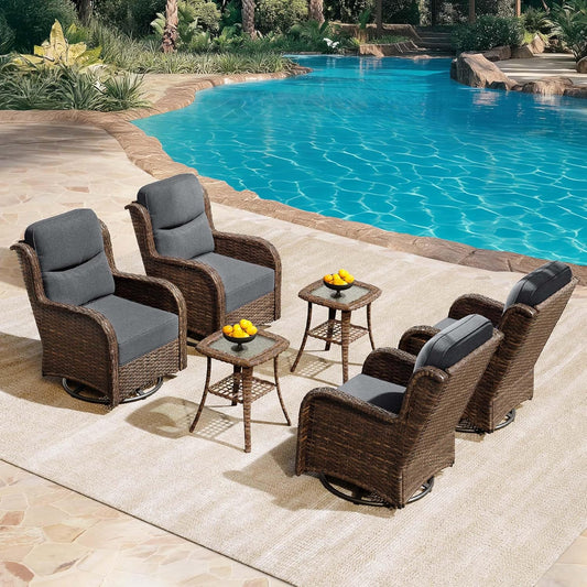 HILLGA Luxury Patio Furniture Set with 6-Inch Thick Cushions, High Back Outdoor Swivel Rocker Chairs and Table, 6-Piece All Weather Conversation Set for Porch Deck Balcony Yard, Dark Grey (V3)