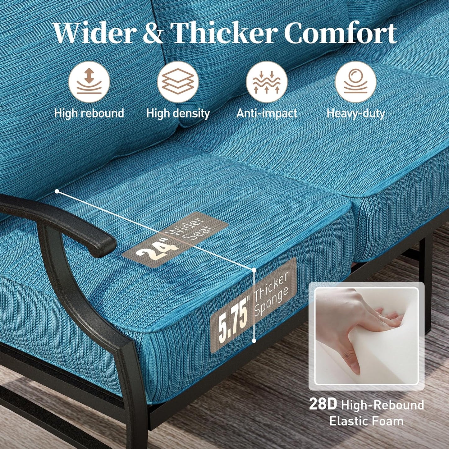 Metal Patio Chairs Set of 2 with 5.75" Extra Thick Cushion, 2 Pieces High Back Outdoor Patio Chairs All Weather Outdoor Furniture Seating for Deck Backyard Balcony Front Porch, Blue-2