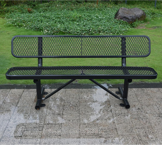 6FT Outdoor Metal Park Bench with Backrest, Outdoor Black Bench, Heavy-Duty Expanded Metal Picnic Bench Steel Mesh Portable Seating Patio Bench for Garden, Porch, Park,School,Road Sports