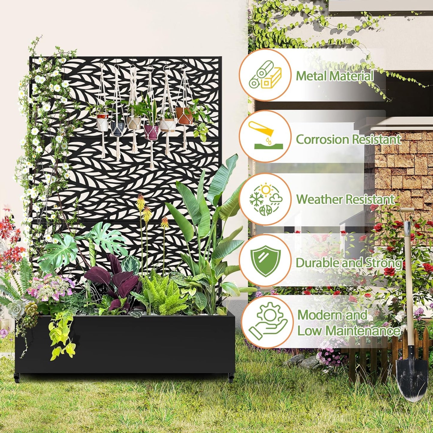 Raised Garden Bed with Trellis and Wheels,73"x47"x16" Metal Raised Garden Bed,Black Flowing Leaf Metal Planter with Climbing Trellis for Vines & Vegetables