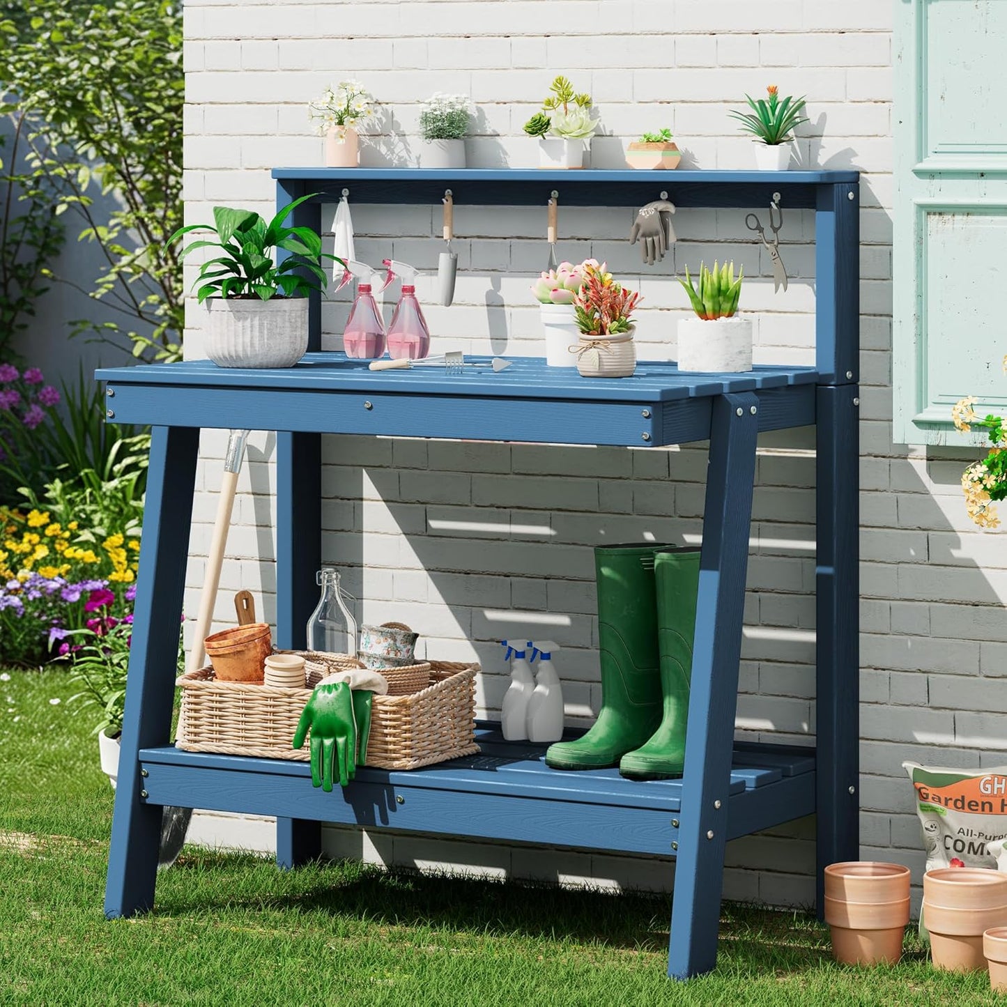 SERWALL Potting Bench Outdoor with Storage, 3-Tier HDPE Gardening Table with Angled Legs & Tool Hooks, All-Weather Heavy Duty Potting Table for Patio, Backyard, Garden, Blue