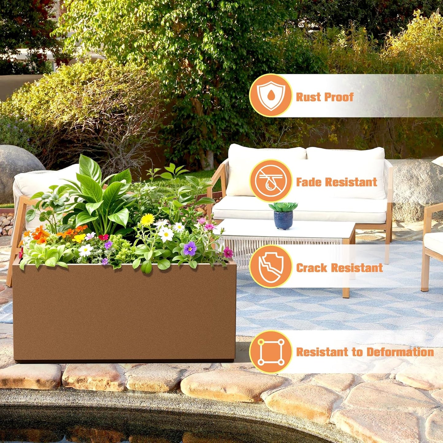 Rectangle Planter for Indoor & Outdoor, Tall and Long Planter Boxes with Drainage Holes, Mental Planter Box All-Weather Use for Plants, Flowers, 38" L x 15" W x 16.3" H, Brown