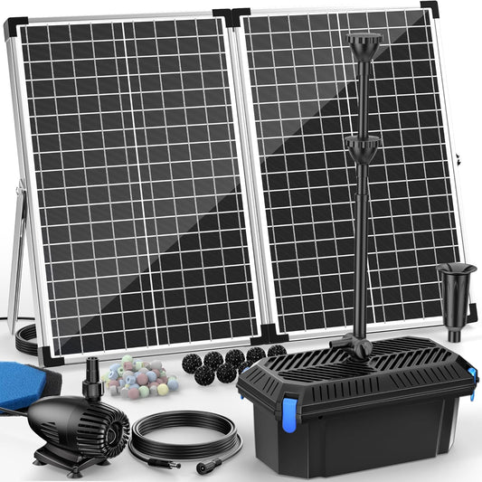 Antfraer 70W Solar Water Pump with Pond Filter, Solar Pond Pump with 16.5FT+10FT Cord & 6.6FT PVC Tubing for Fish Pond Pool Garden Waterfall Hydroponics DIY Water Features