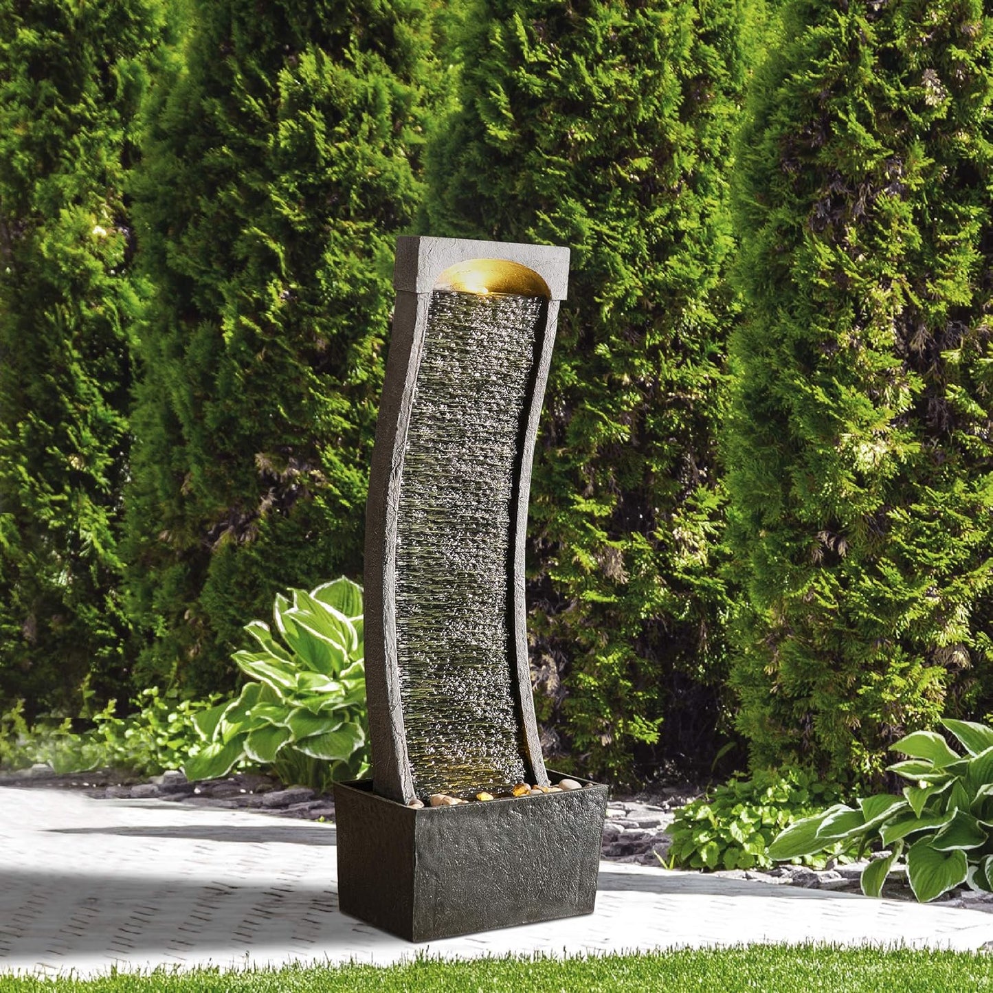 Teamson Home 38.58 in. Modern Curved Faux Slate Waterfall Fountain for Indoors or Outdoors with LED Light Accents and 1.98-Gallon Pump, Black and Stone Gray