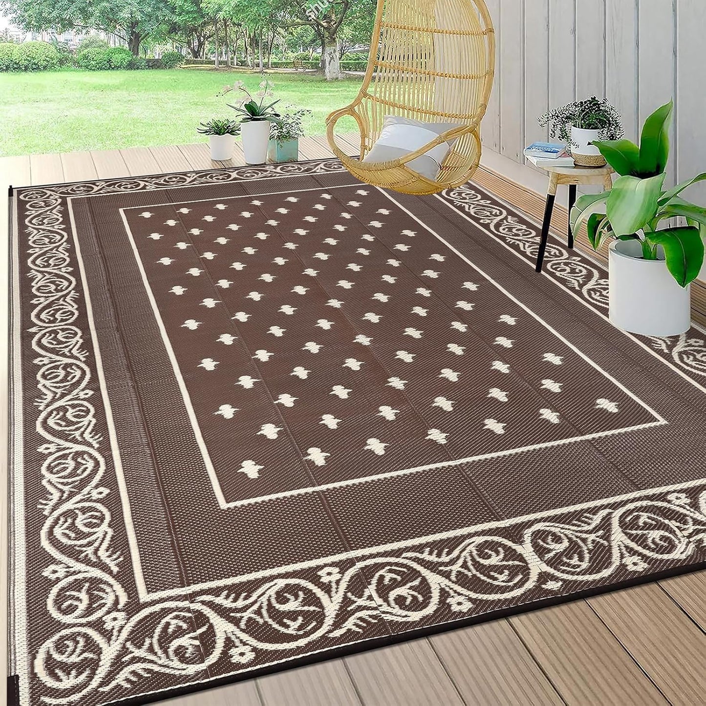 Pauwer Waterproof Outdoor Rug 10x14, Reversible Plastic Straw Patio Camping Rug, Indoor Outdoor RV Mat Carpet for Deck, Camper, Porch, Balcony, Backyard, Picnic, Bordered Brown