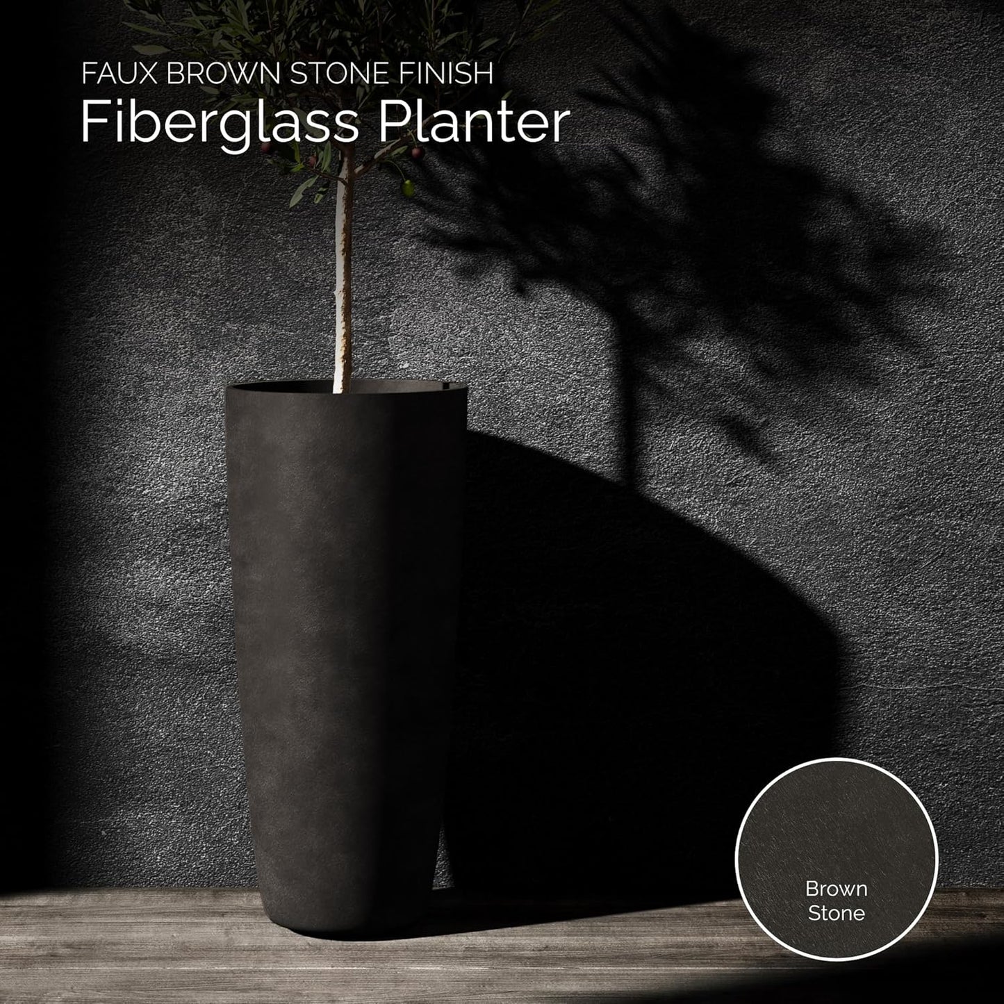 Lofto Tall Planter – Brown Stone Finish – Fiberglass Indoor/Outdoor and Weather-Resistant Large Planter (14.6" D x 30.5" H Exterior, 13.4" D x 30.3" H Interior)