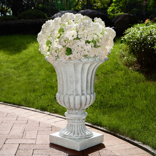 Christopher Knight Home Stella Outdoor Urn Planter with Drainage Hole, Mid-Century Modern Garden Urn, Large Garden Pot, Floral Relief Design, Sturdy MGO Outdoor Planter, Flower Urn, Antique White