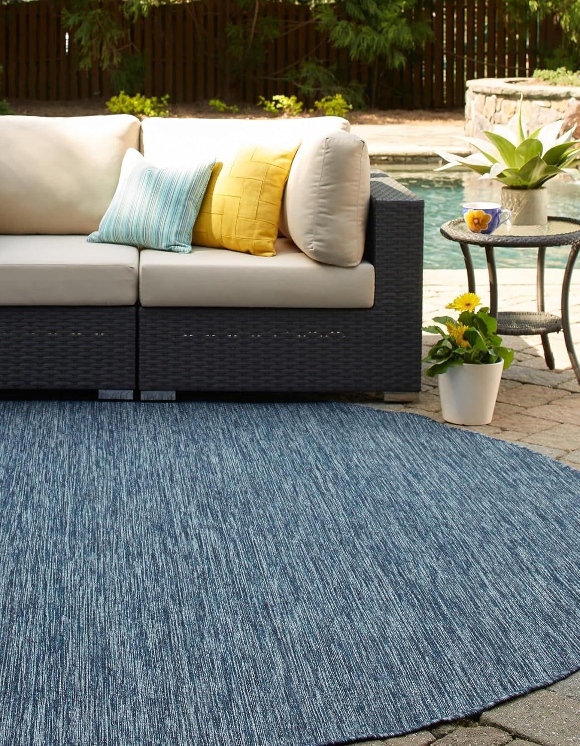 Unique Loom Collection Casual Transitional Solid Heathered Indoor/Outdoor Flatweave Area Rug (5' 1" Round, Blue/Navy Blue)