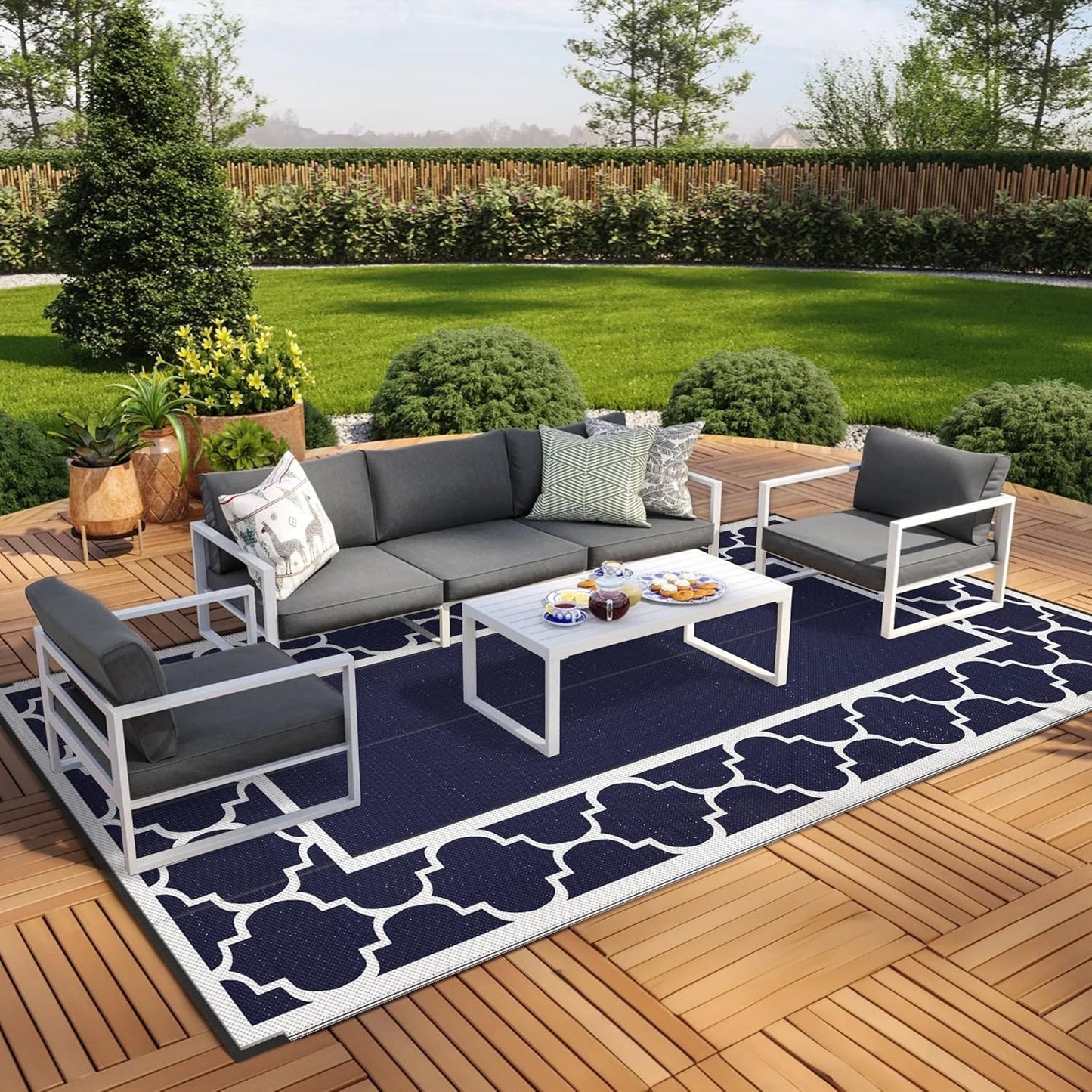 GENIMO 9' x 18' Outdoor Rug Waterproof for Patio, Foldable Reversible Plastic Straw Area Rugs Mat for Rv Decor, Outside Carpet for Camper, Deck, Picnic, Beach, Balcony, Porch, Blue & White