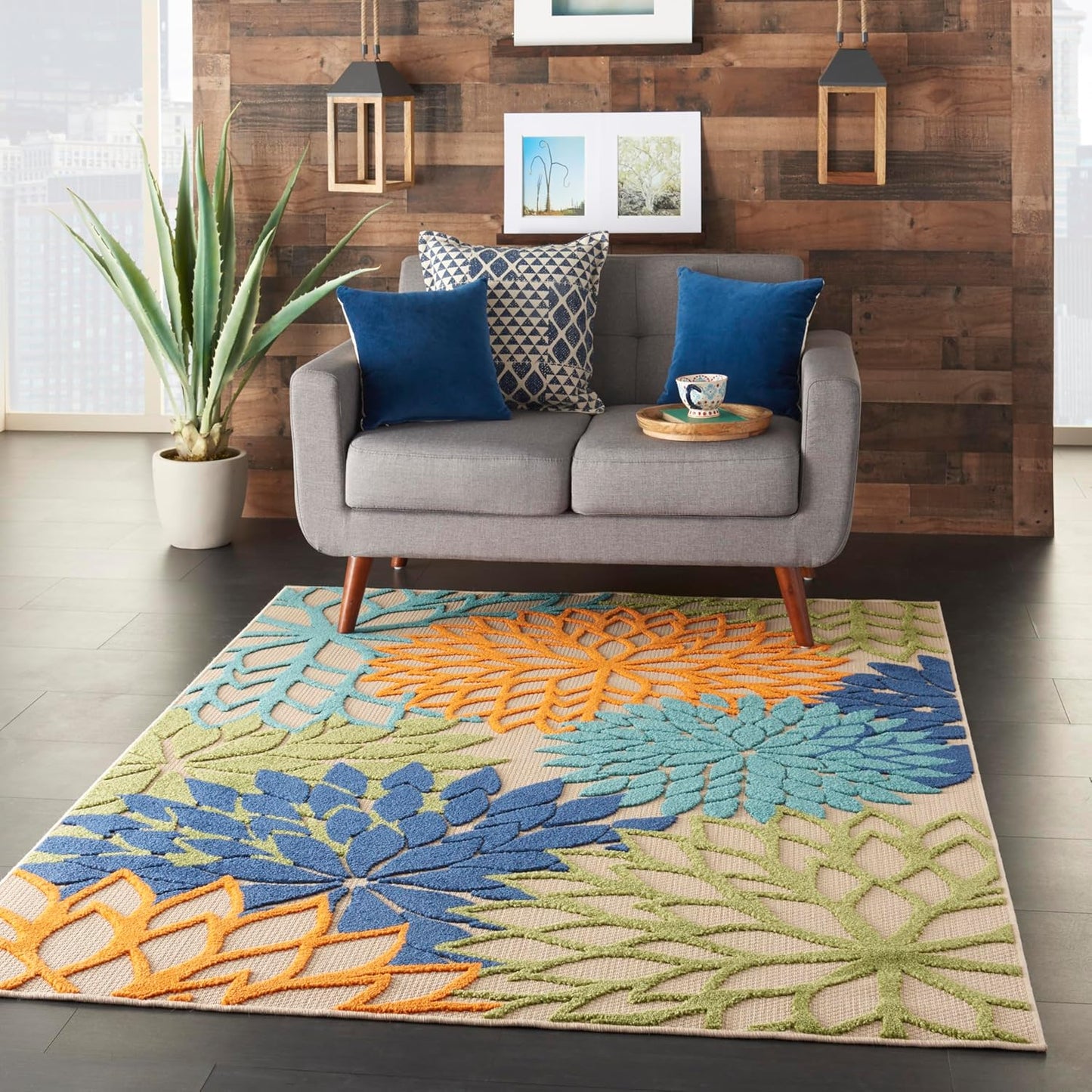 Nourison Aloha Indoor/Outdoor Multicolor 6' x 9' Area Rug, Easy Cleaning, Non Shedding, Bed Room, Living Room, Dining Room, Deck, Backyard, Patio (6x9)