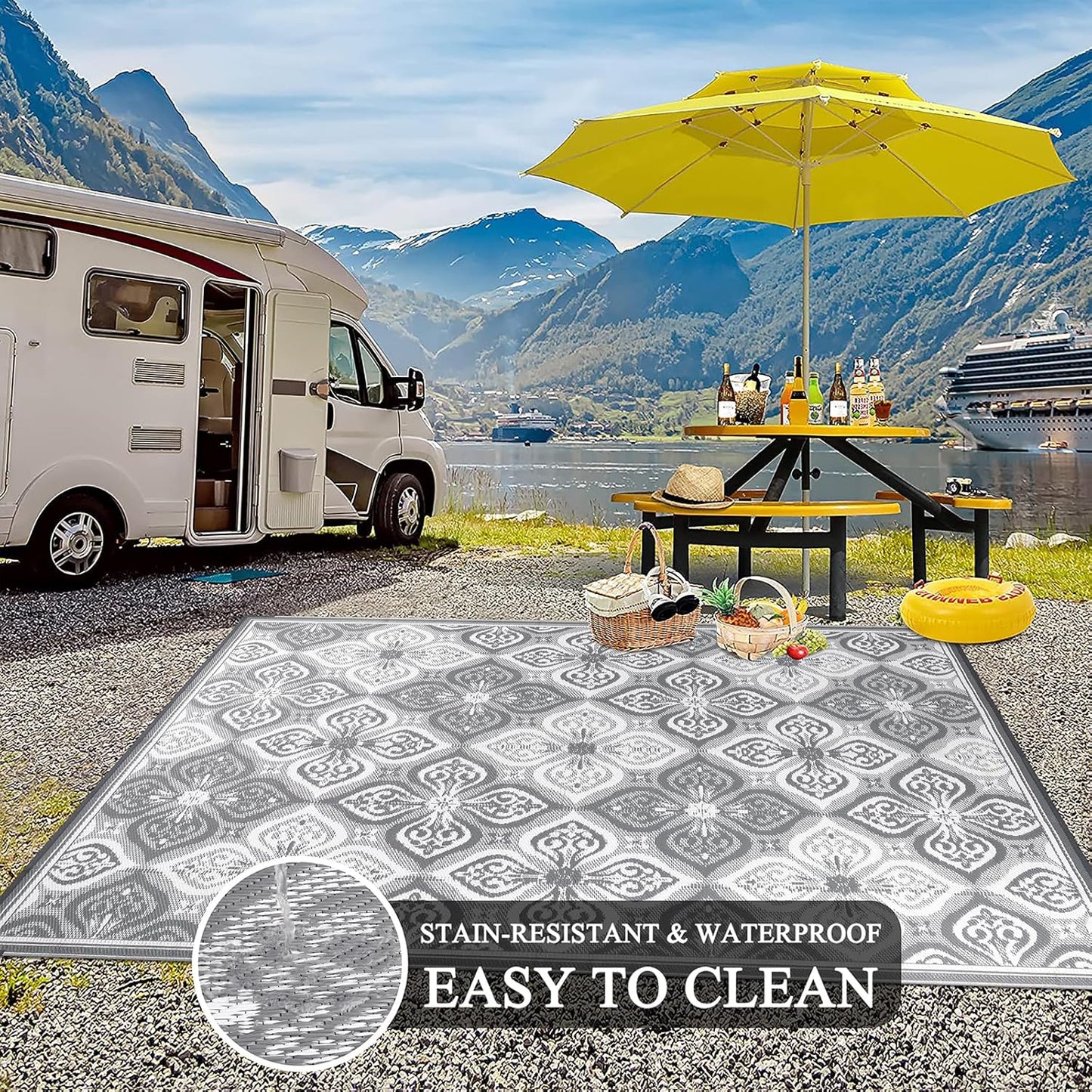 Pauwer Waterproof Outdoor Rug 9x12, Reversible Plastic Straw Patio Camping Rug, Indoor Outdoor RV Mat Carpet for Deck, Camper, Porch, Balcony, Backyard, Picnic, Clover Grey