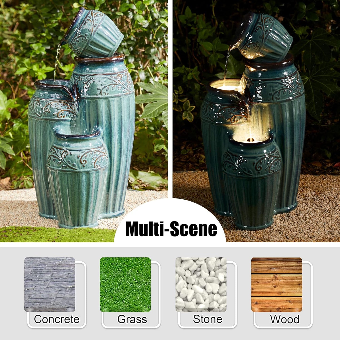 Glitzhome 27.25" H Outdoor Garden Water Fountain with LED Lights and Pump, 4 Tier Turquoise Embossed Pattern Ceramic Pots Cascading Floor Standing Fountain for Porch Deck Patio Backyard Decoration