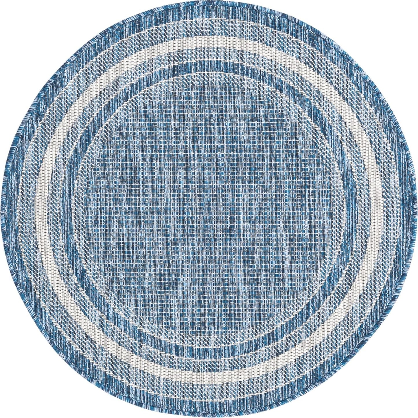 Unique Loom Outdoor Border Collection Area Rug - Soft Border (3' 1" Round, Blue/ Ivory)