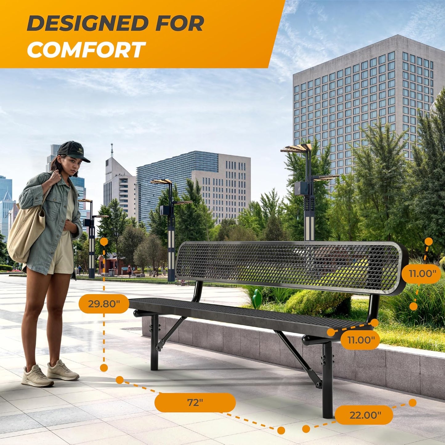 Heavy-Duty Outdoor Metal Bench, Thermoplastic-Coated, Inground, Weatherproof, Commercial-Grade for Parks, Gardens, Patios, Stores & More (6 Ft - Inground with Back, Black)