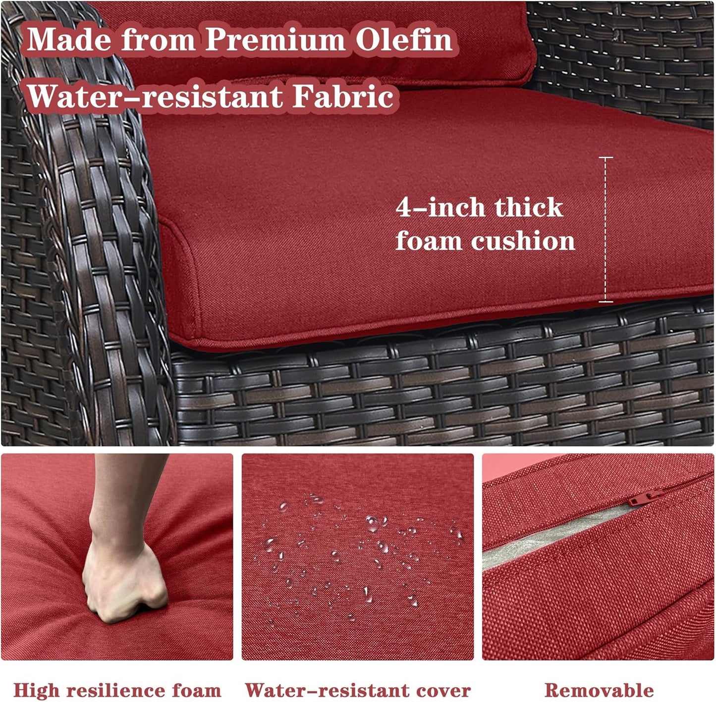 5 Piece Outdoor Patio Furniture Set - Wicker Furniture Patio Conversation Set, Outdoor Swivel Rocker Chairs with 3-Seater Sofa and 2 Ottomans for Small Space, Red Cushion