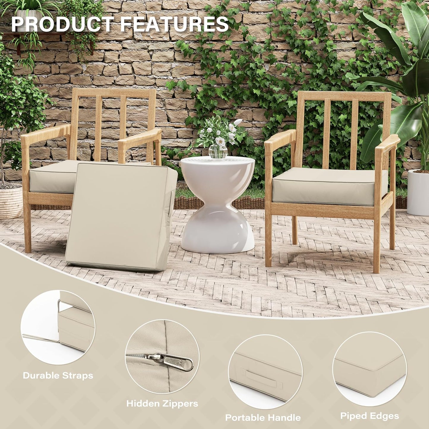Patio Chair Cushions 19 X 19 X 4 Inch Waterproof Outdoor Seat Cushions for Patio Furniture, Outdoor Sofa Couch Pads with Ties & Handle, Set of 2, Cream
