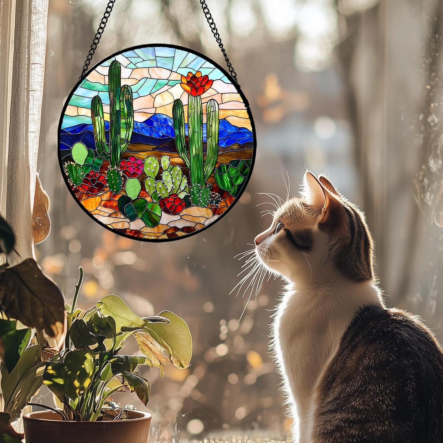 Stained Glass Window Hanging, Green Cactus Suncatcher for Doors Window Home Plant Landscape Sun Catchers Decoration Mother's Day Birthday Gifts for Women, Men, and Mom 9.8 in