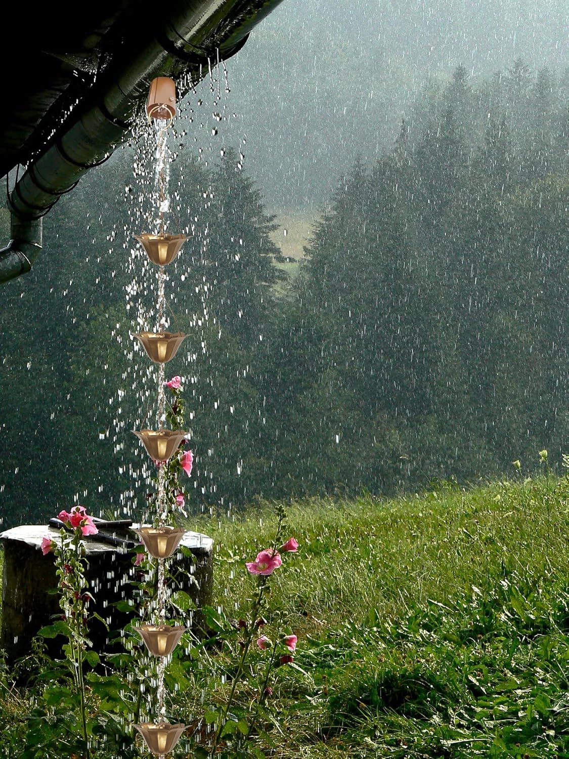 8.5FT Lotus Copper Colored Iron Rain Chains for Gutter and Rain Barrel, Rust-Resistant Plated Garden Décor Rain Chain for Downspout, Bonus Rain Chain Gutter Adapter