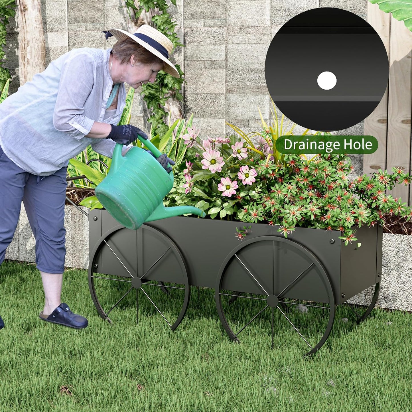 Small Raised Garden Bed Outdoor with Wagon Wheels, Metal Wagon Planter Box, Decorative Garden Planter for Flowers Herbs Vegetables, Flower Cart for Patio, Balcony (Black)