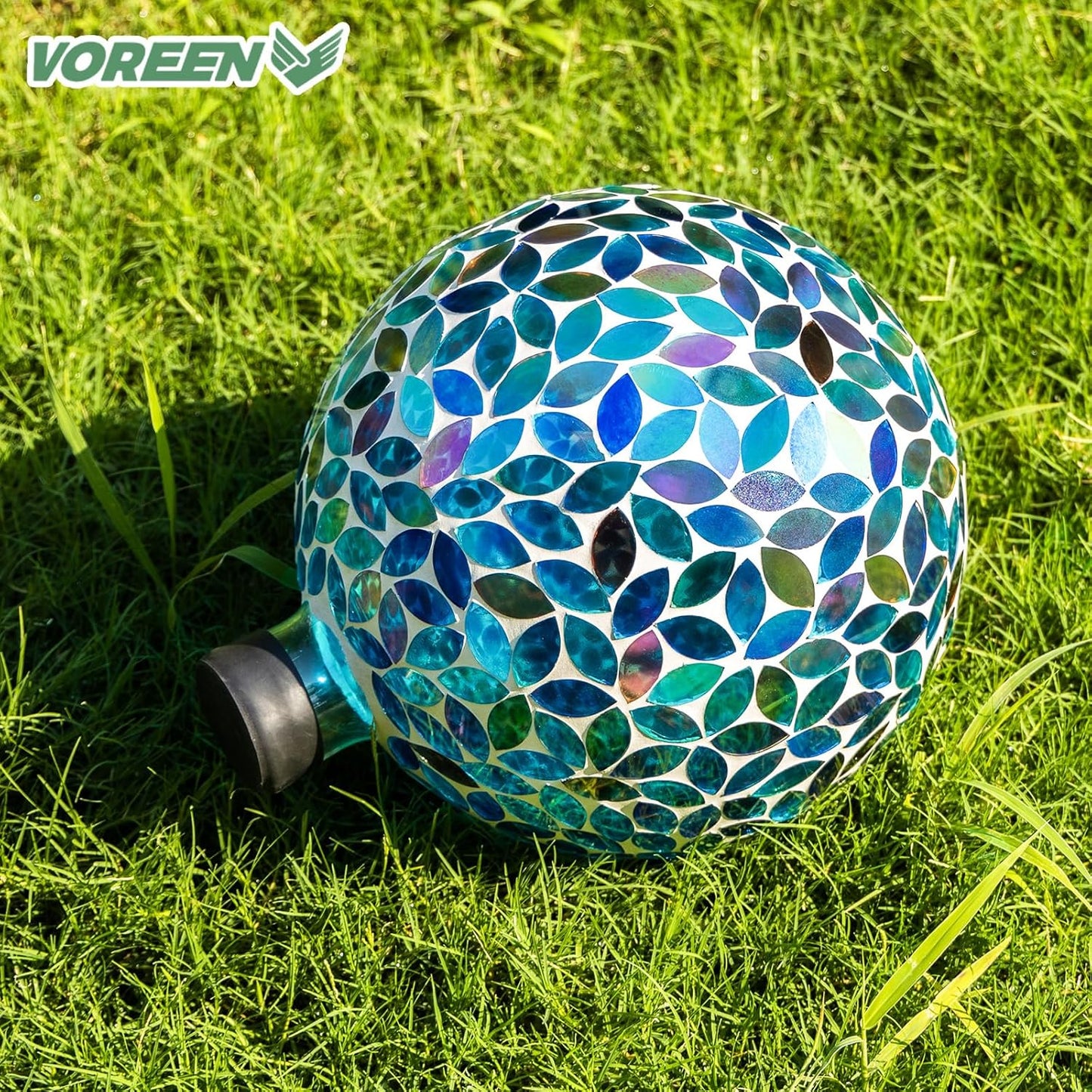 VOREEN 10-Inch Gazing Ball Glass Mosaic Gazing Globe, Handmade Outdoor Reflective Ball Yard Decoration for Homes, Patio, Lawn and Gardens, Gift for Mom Wife Friend, Blue and Amber