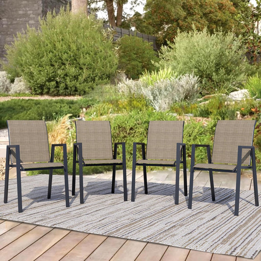 Outdoor Patio Chairs Set of 4, Mocha Stackable Outdoor Chairs, Lightweight Patio Set with High Back, Metal Dining Chair for Lawn, Garden, Yard and Deck