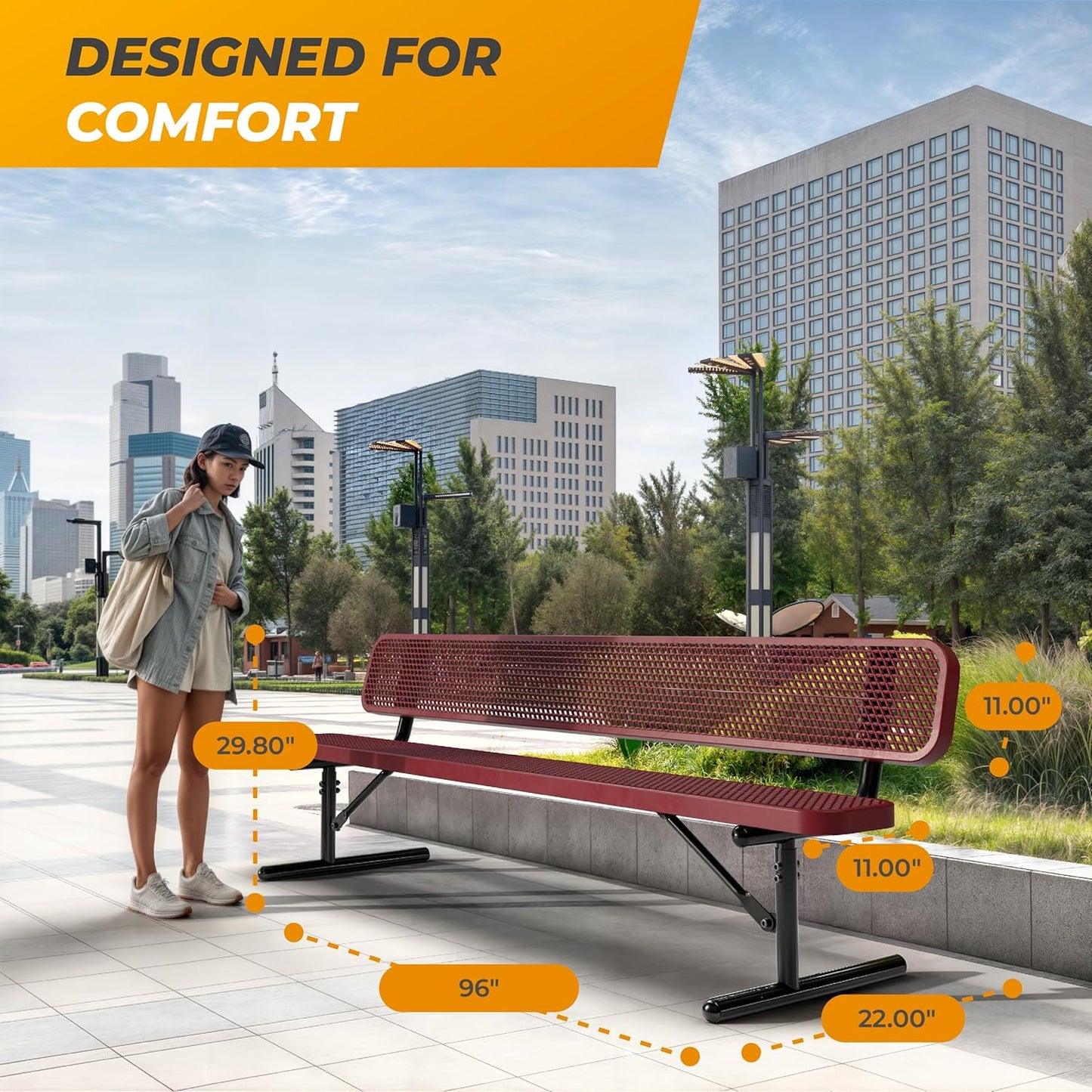 Heavy-Duty Outdoor Metal Bench, Thermoplastic-Coated, Portable, Weatherproof, Commercial-Grade for Parks, Gardens, Patios, Stores & More (8 Ft - Portable with Back, Red)