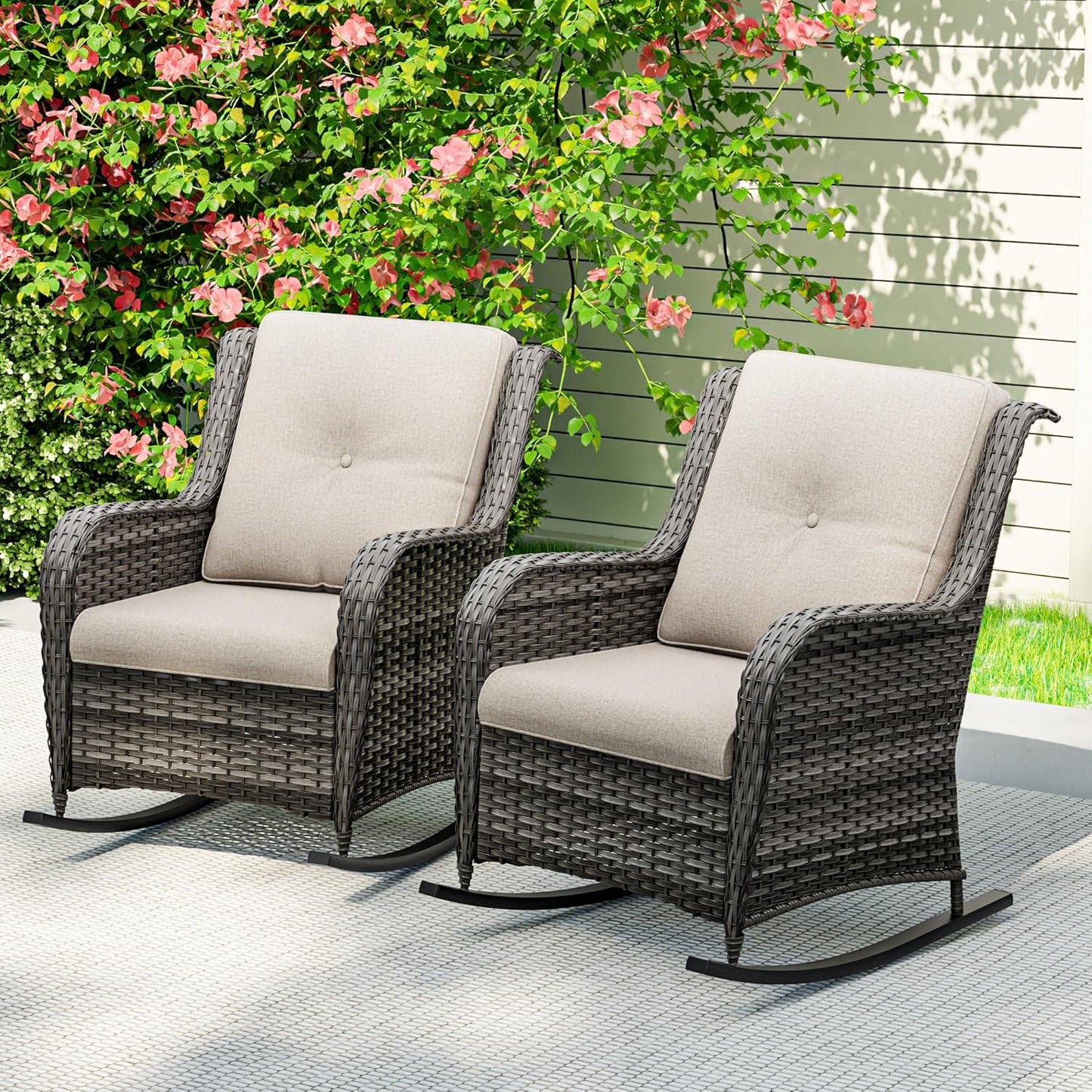 Outdoor Rocking Chair of 2, Wicker Patio Rocker Chair for Yard, Porch, Mixed Brown Grey Rattan, Beige Cushions