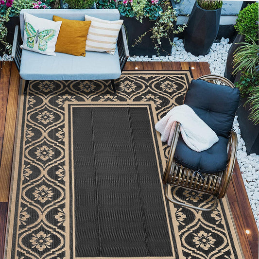 Outdoor Rug 9x12 Patio Waterproof Mat Camping Carpet Outside Area Rug Reversible Brown Rugs for RV Deck Entryance Porch Picnic Balcony Beach