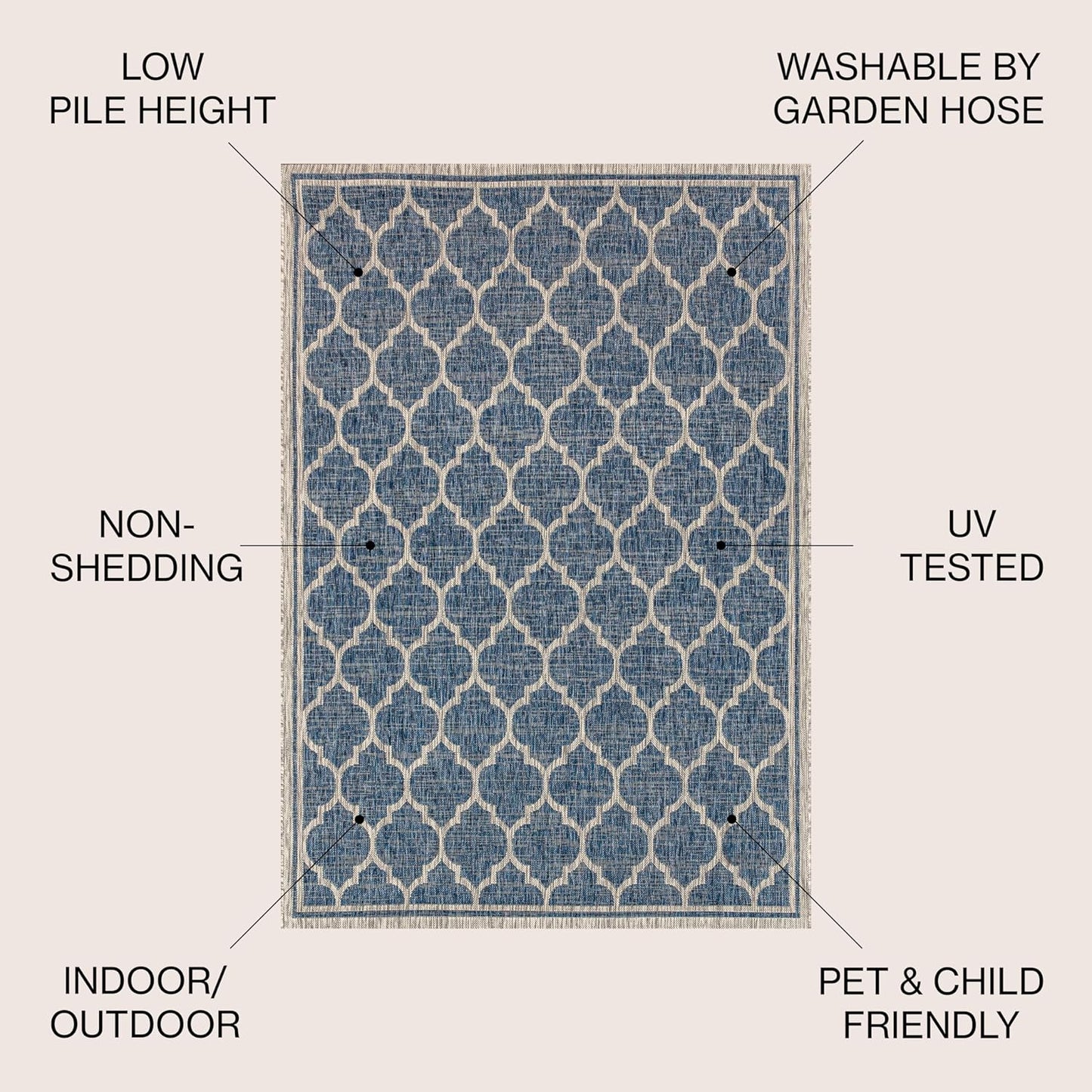 Eyely BMS109D-3SQ Santa Monica Trebol Moroccan Trellis Textured Weave, Pet Friendly, Non-Shedding, Stain Resistant, Easy-Cleaning, Navy/Gray, 3' Square, Indoor/Outdoor, Area Rug