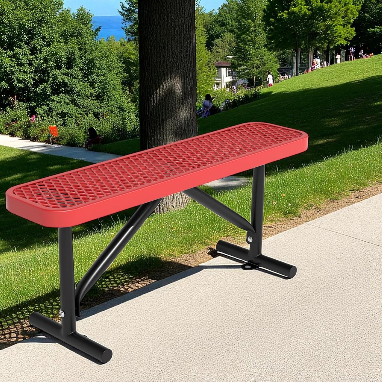 48" L Outdoor Steel Flat Bench, Heavy Duty Metal Park Bench for Outside, Expanded Metal, Commercial Benches Mesh Bench for Shopping Mall, Store, Lawn, Park, Patio, Deck, Garden (Red, 4FT)