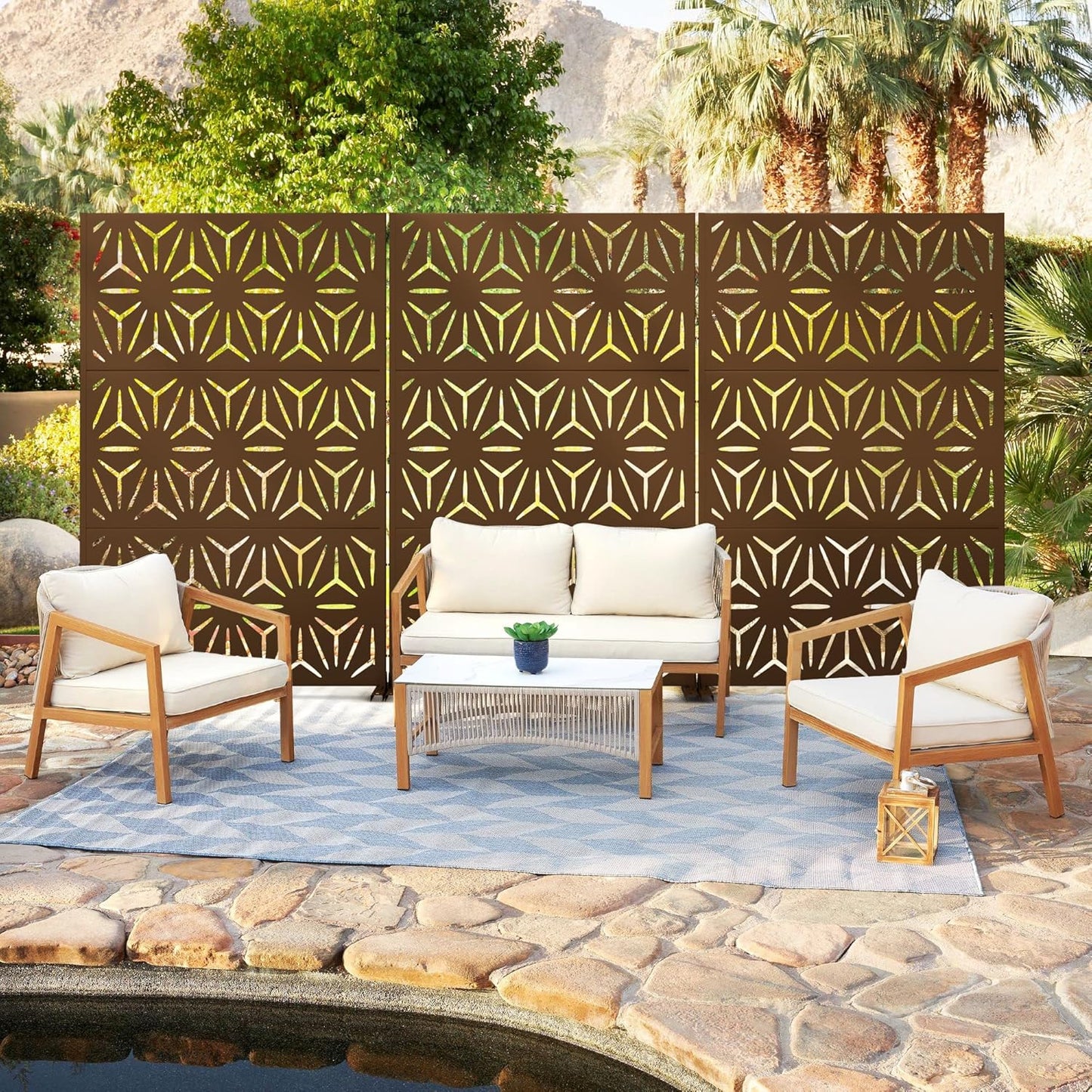 Metal Privacy Screen Outdoor 72" H×47" W,Freestanding Decorative Privacy Screen for Balcony Yard&Garden,Privacy Fence-Brown&Star