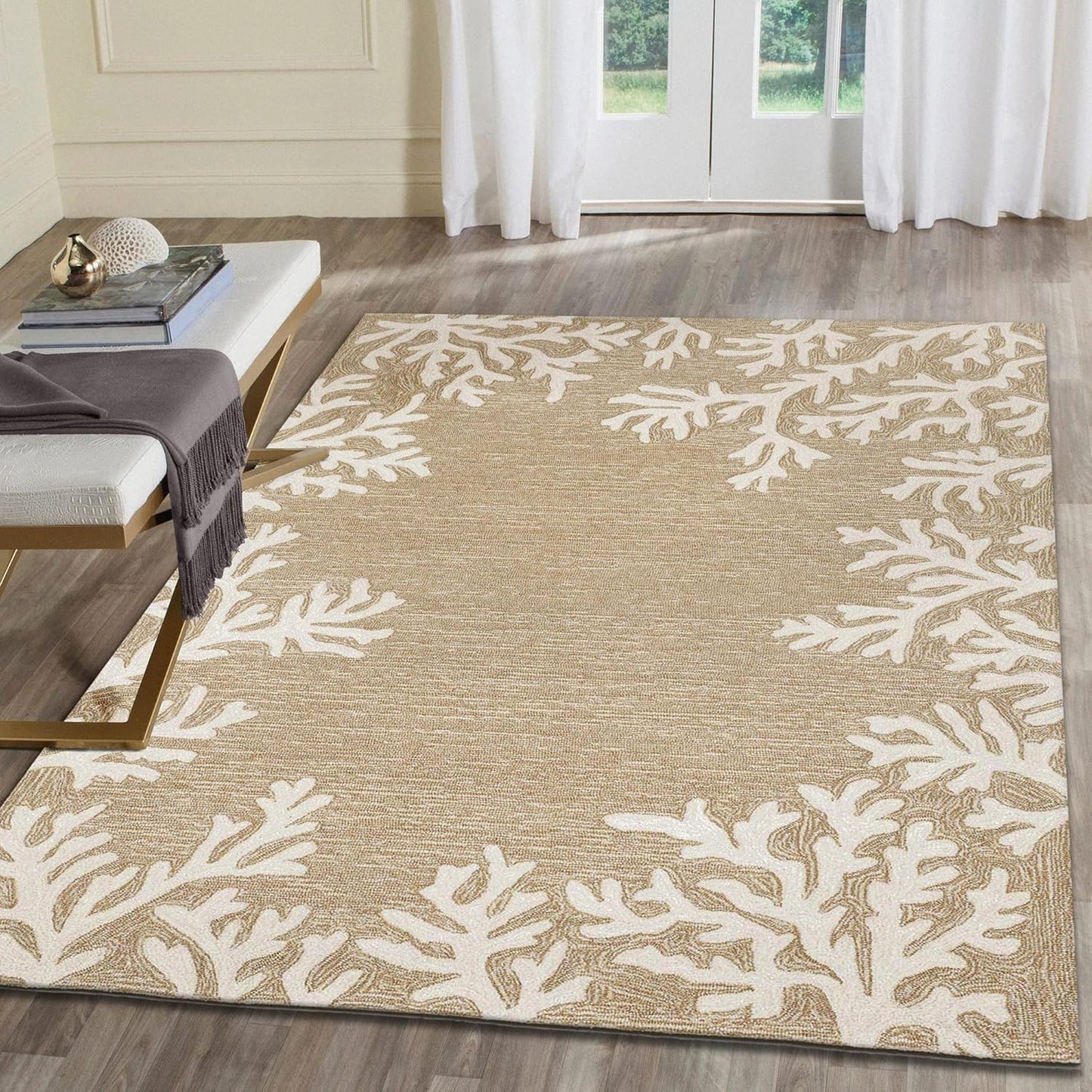 Liora Manne Capri Indoor/Outdoor Handmade Synthetic Blend Durable Area Rug - Traditional Border Coastal Beach Accent (Coral Border Neutral) (8'3" x 11'6")