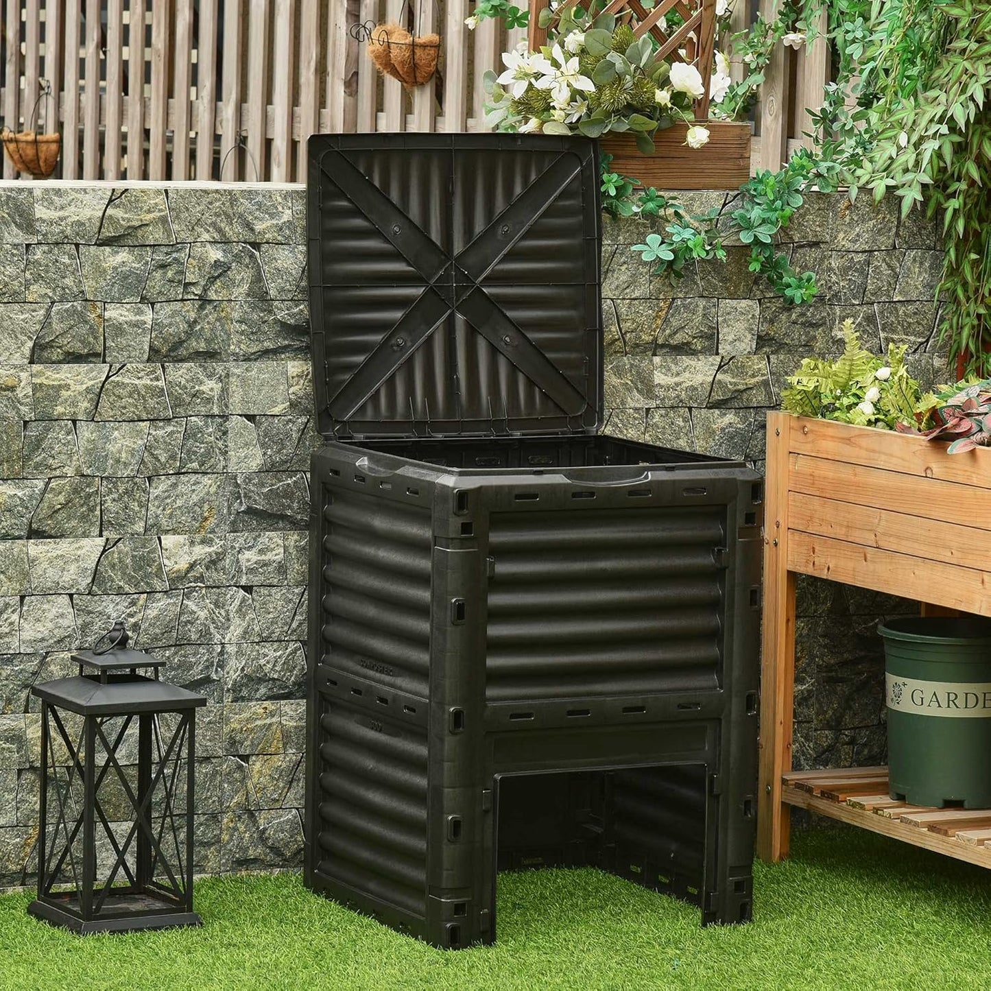 Compost Bin Outdoor 80 Gallon Garden Composter, with 48 Vents and Sliding Doors, Lightweight Outdoor Compost Box for Garden, Kitchen, and Yard Waste, Black
