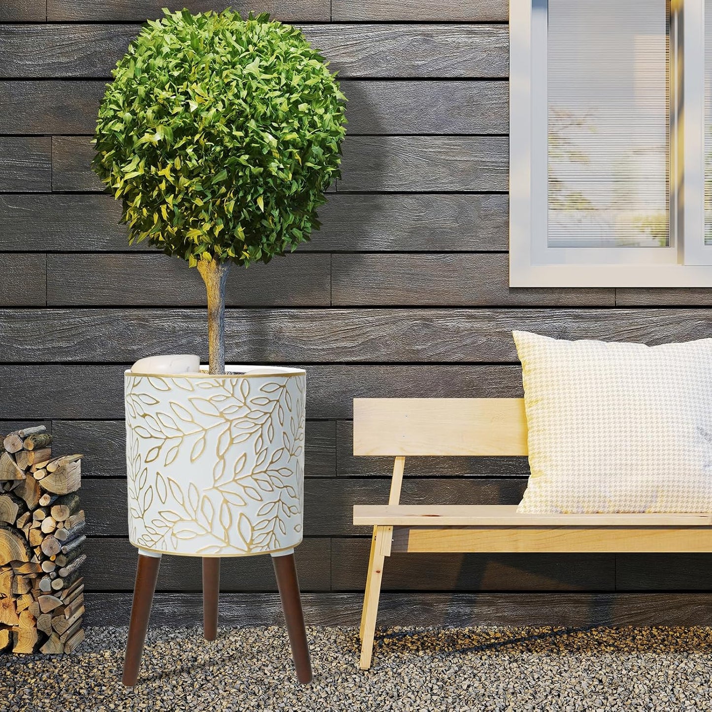 12inch Plant Pots with Wood Planter Holder Indoor Flower Pot with Gold Floral Embossed Modern Planters with Drainage Holes for Living Room, Office, Garden or Balcony