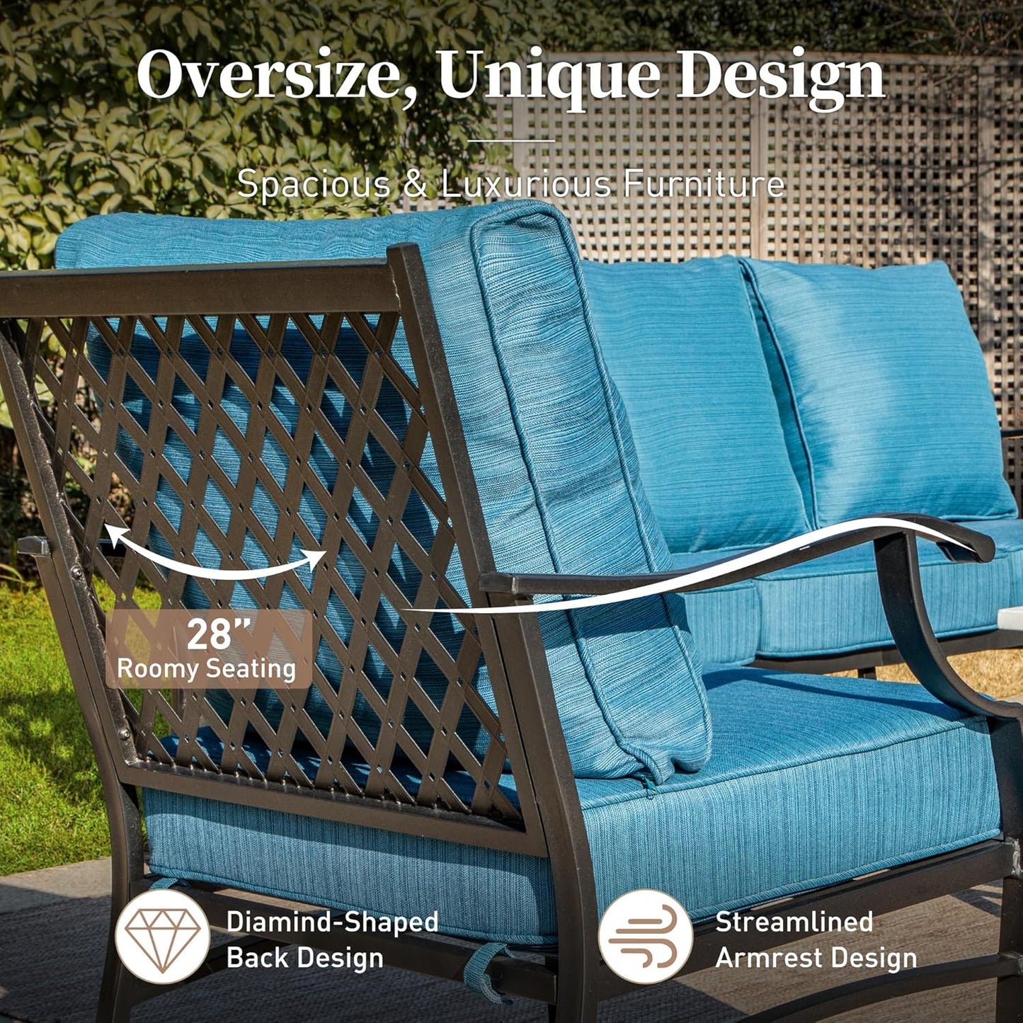Metal Outdoor Swivel Patio Chairs Set of 2 with 5.75" Extra Thick Cushion, 2 Piece High Back Swivel Rocker Patio Chairs Outdoor Furniture Seating for Deck Balcony Front Porch, Blue-2