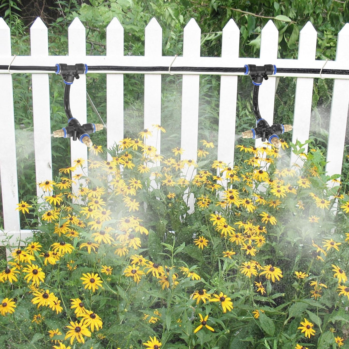 Mornajina 3Packs 3 Way Brass Misting Nozzles Tee with 9inch Built in Hose for Outdoor Cooling System, Adjustable 360° Rotation, Water Mister Nozzles Thread Sprayer 0.043" (1.1 mm)